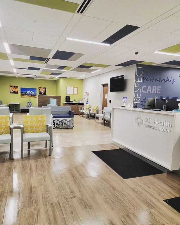 Medical clinic waiting room and reception desk